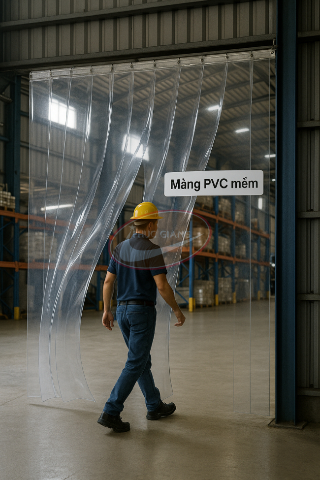 Rèm nhựa PVC mềm trong suốt lắp tại kho xưởng công nghiệp – ứng dụng điển hình của màng PVC mềm