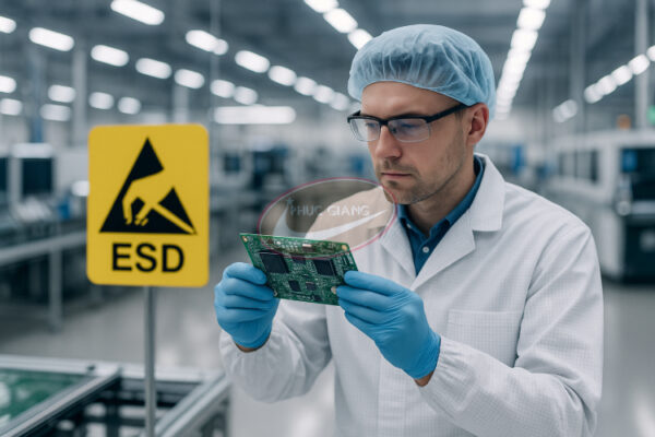 ESD là gì? Kỹ sư kiểm tra bo mạch trong phòng sạch với cảnh báo ESD
