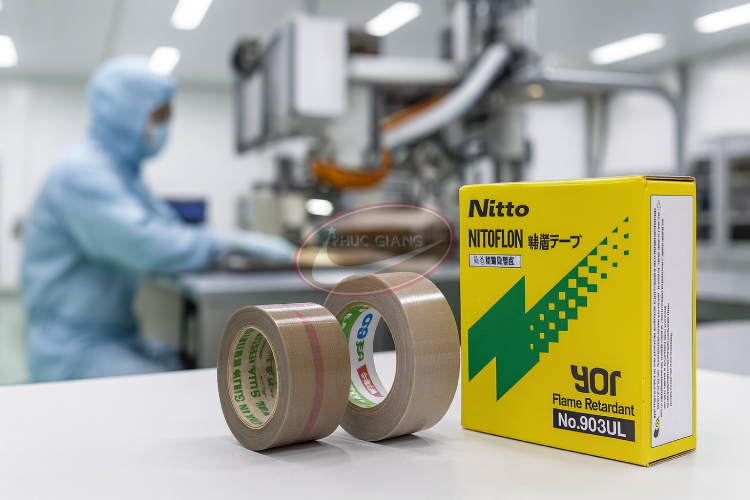 Băng keo chịu nhiệt Nitto Denko® sử dụng trong phòng sạch sản xuất điện tử.