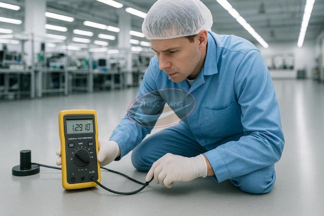 Đo điện trở bề mặt bằng thiết bị chuyên dụng.